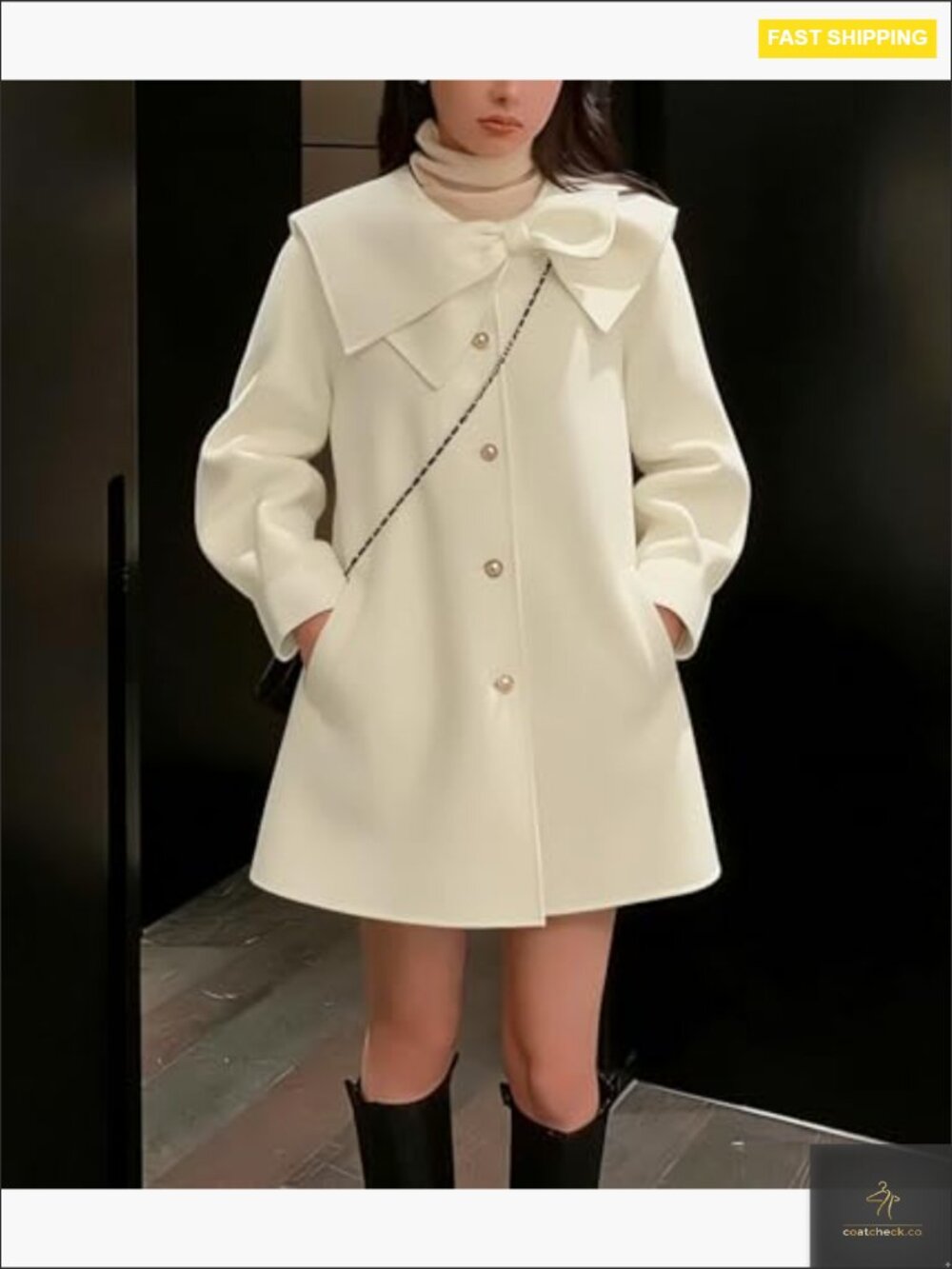Classic Wool Pea Coat with Bow Detail Lapel Collar Single Breasted Long Sleeve - Picture 2 of 6